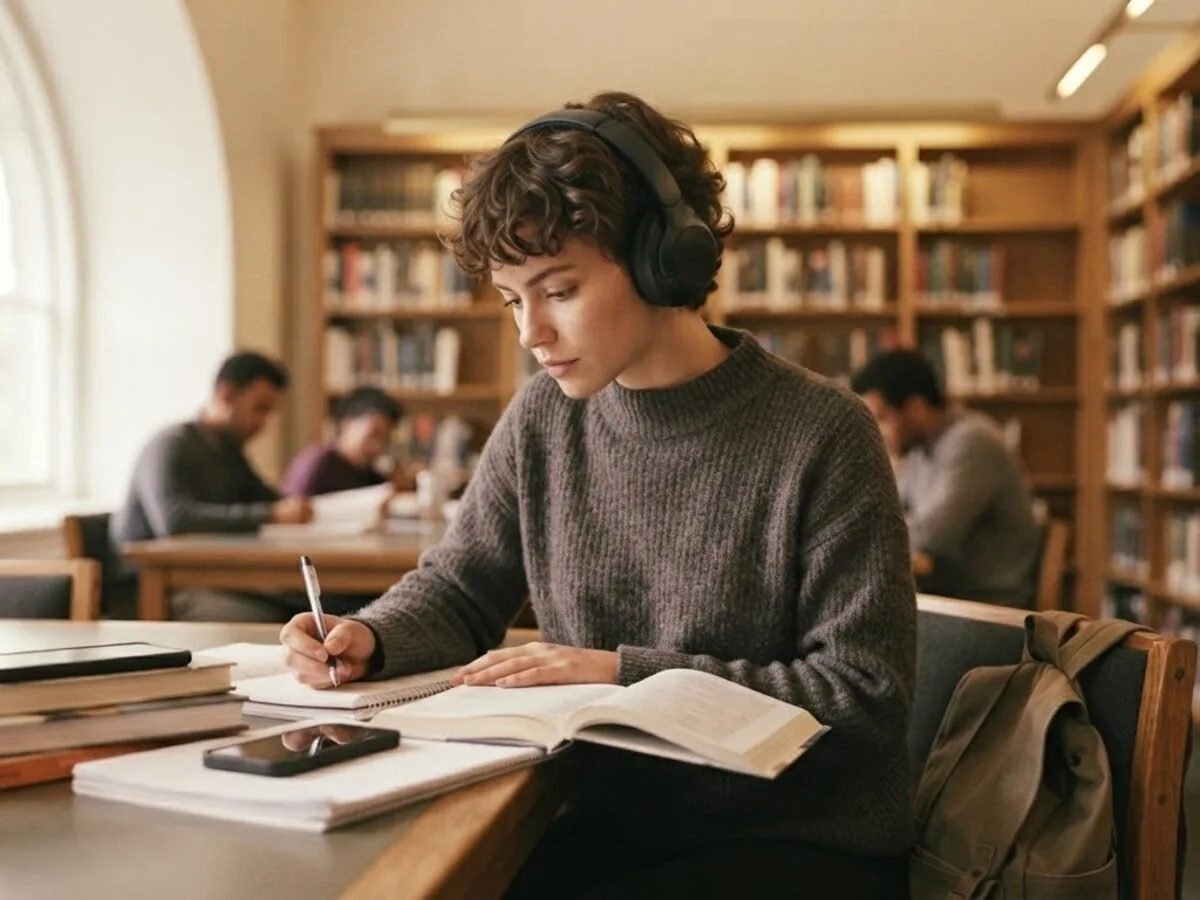 Someone in headphones reading at a library table