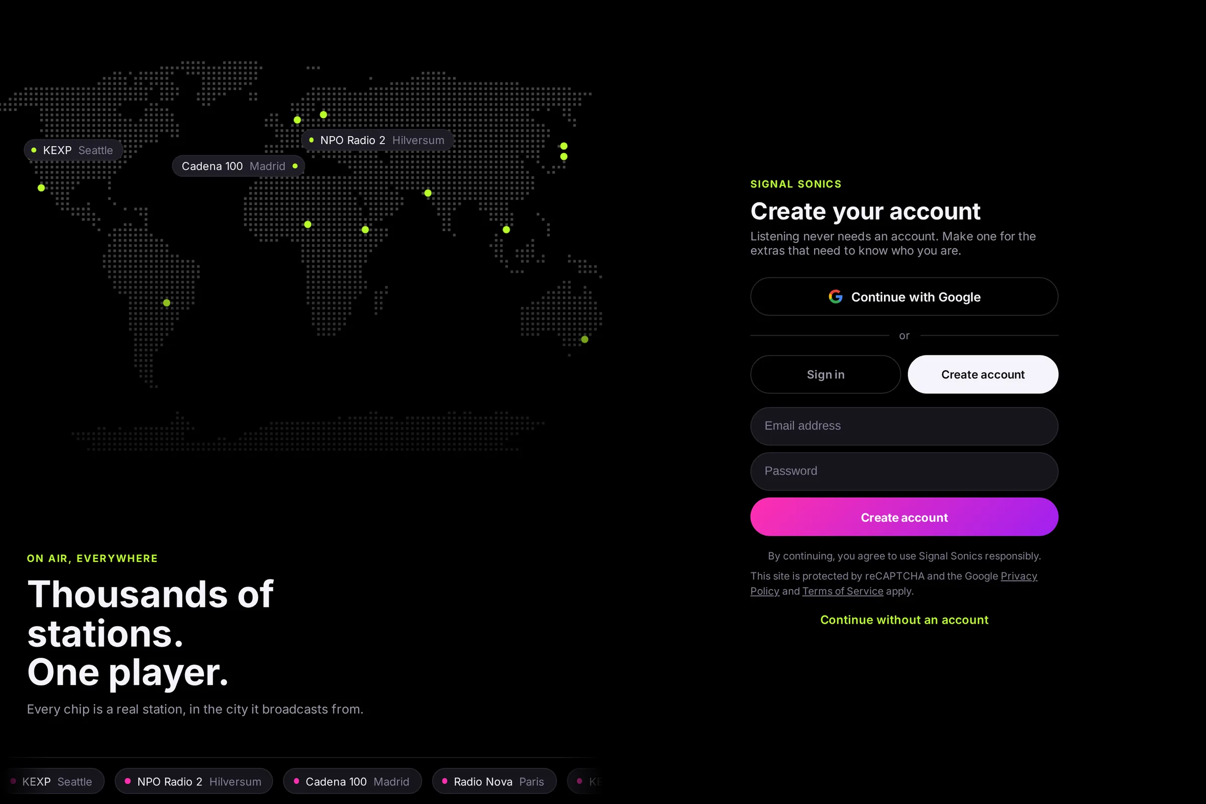 The sign-up screen on a laptop: a map of stations on the left, and on the right the form to create an account, which says listening never needs one